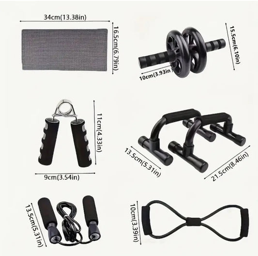 Kit d’Entraînement Fitness 6 en 1 – Ab Wheel, Corde, Poignées & Plus