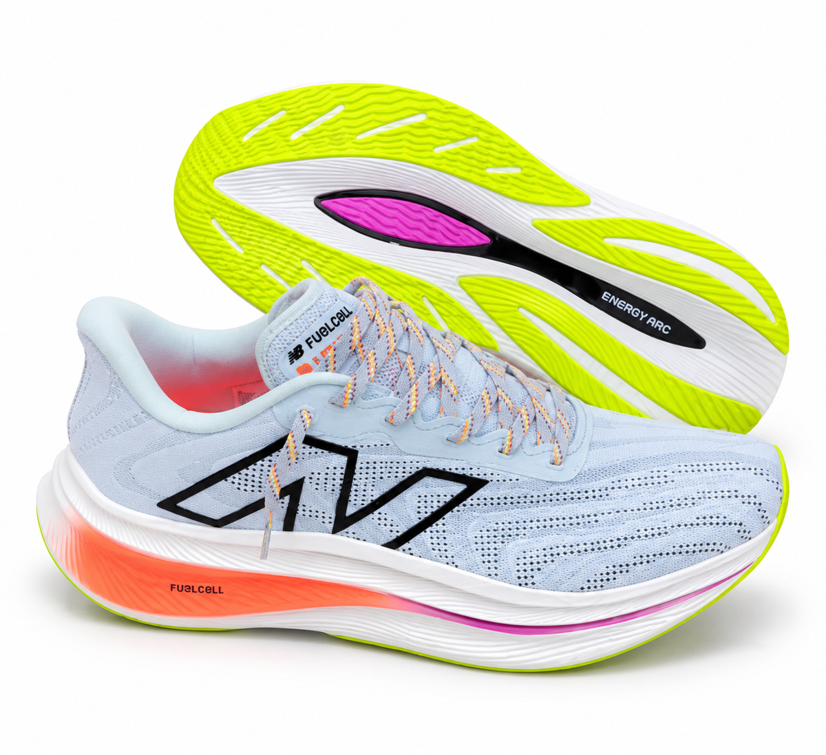 Chaussures de running New Balance FuelCell – Gris, Corail et Vert Fluo