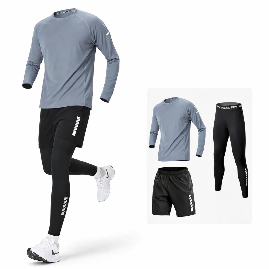 Ensemble Running 3 Pièces Homme – T-shirt Manches Longues + Short + Legging Sport Compression Noir