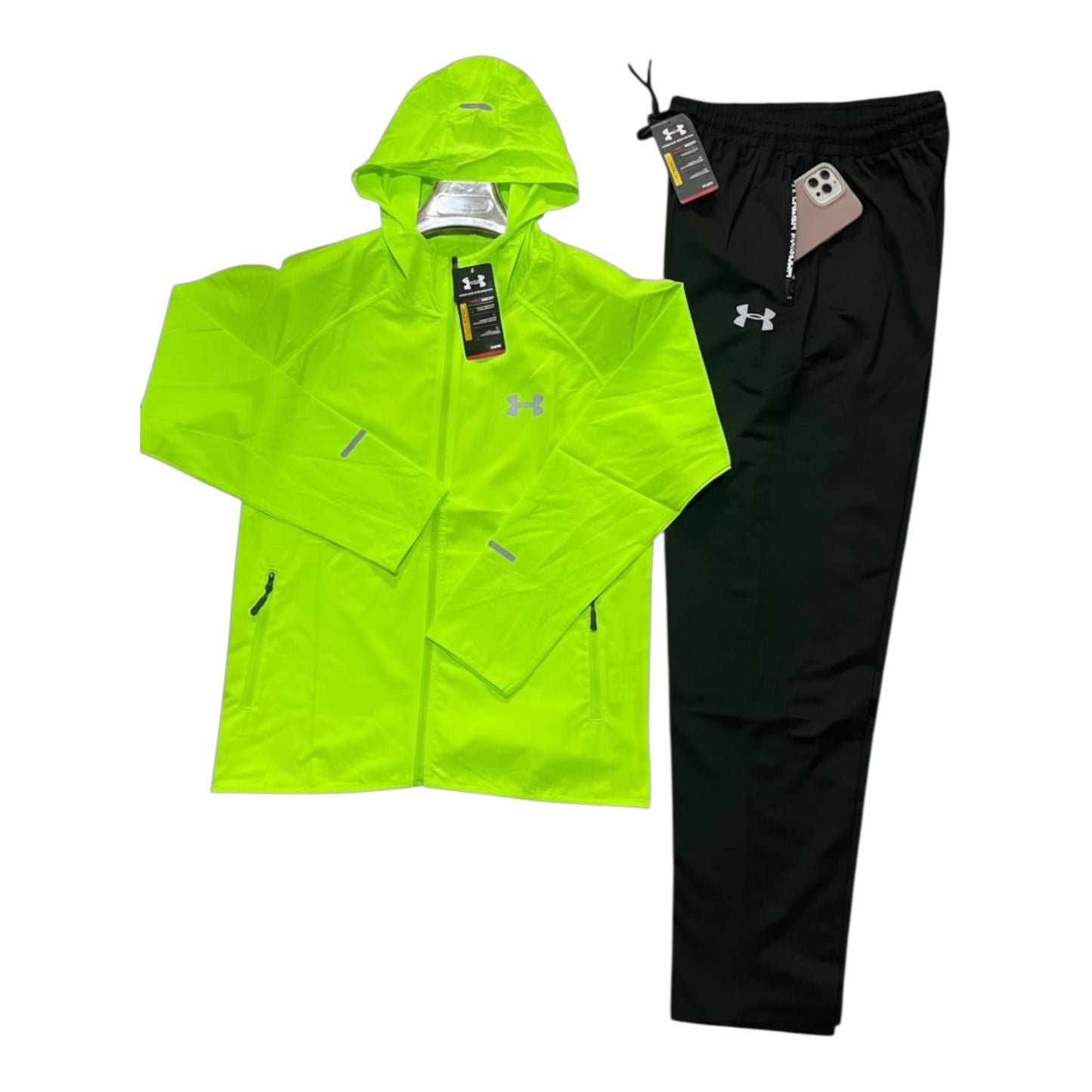 Survêtement Sport Homme Vert Fluo & Noir – Ensemble Running à Capuche