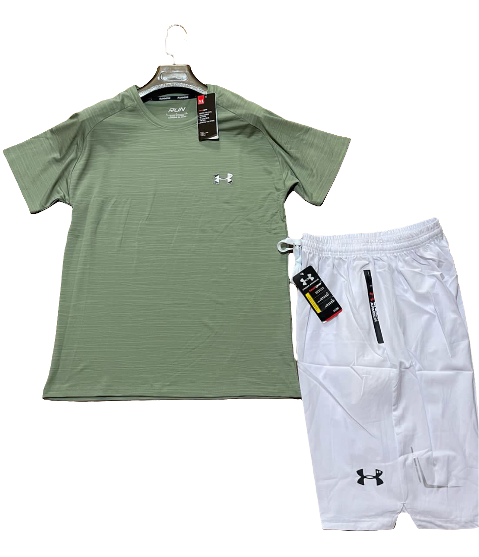Ensemble de sport homme Under Armour - T-shirt vert + short blanc