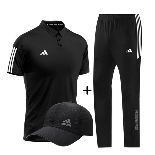 Ensemble Adidas Homme – Polo Beige, Pantalon Noir et Casquette