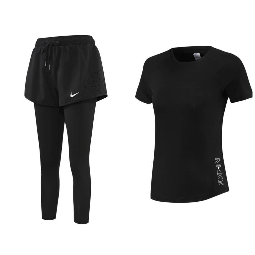 Ensemble de sport femme Nike – Legging, short et t-shirt noir