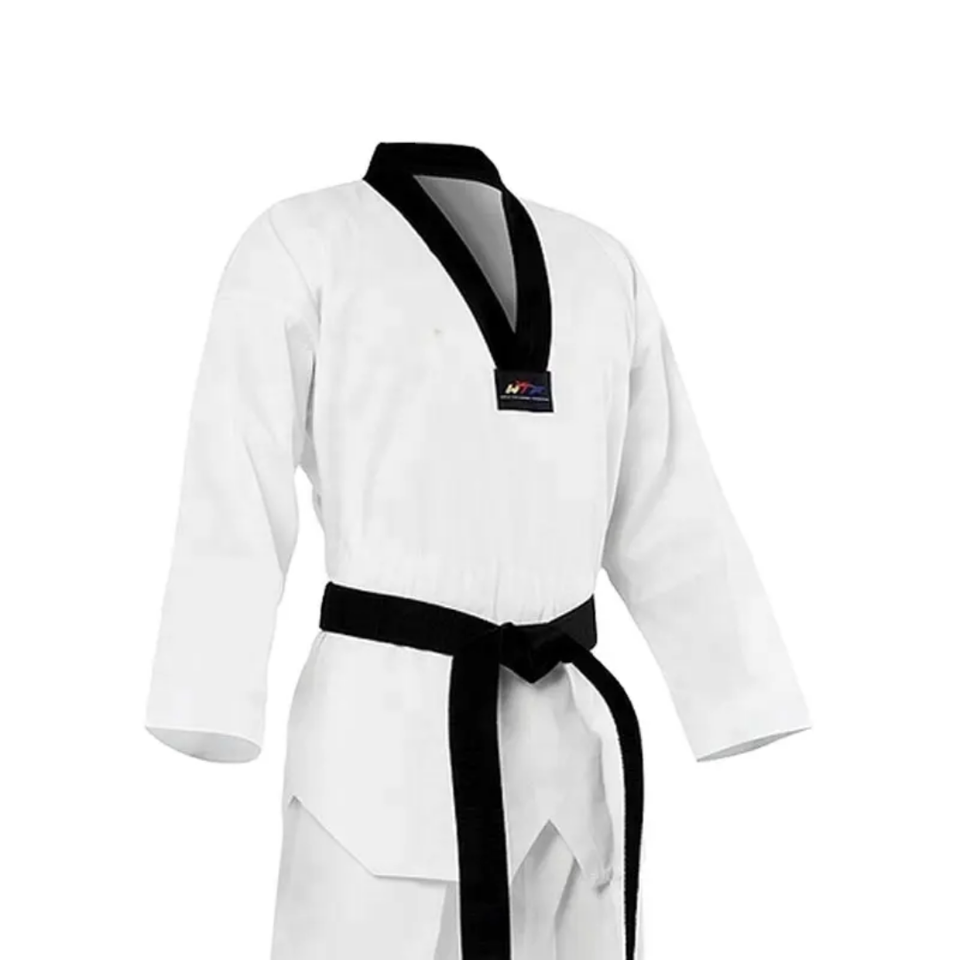 Dobok Taekwondo WT col noir – Ensemble avec ceinture blanche