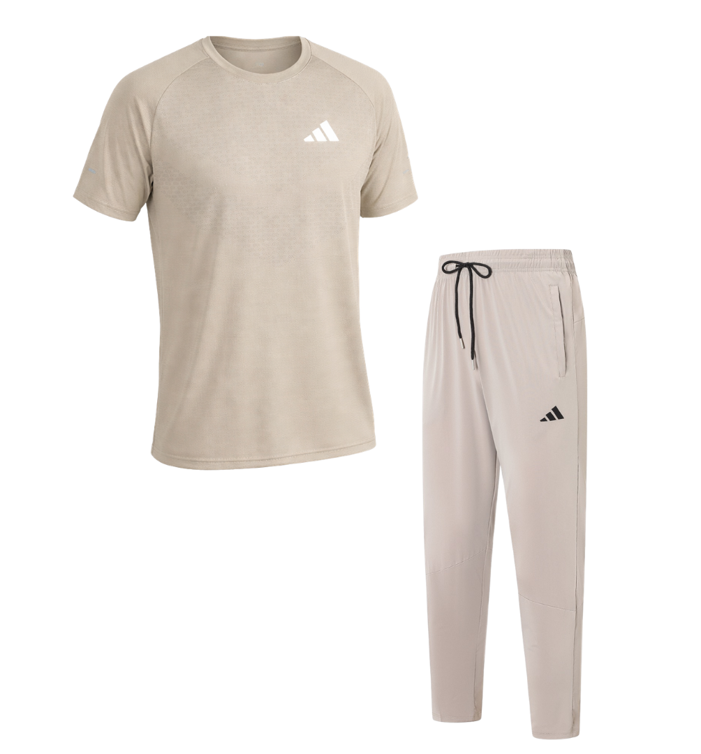 Ensemble sport homme beige respirant – T-shirt + pantalon training