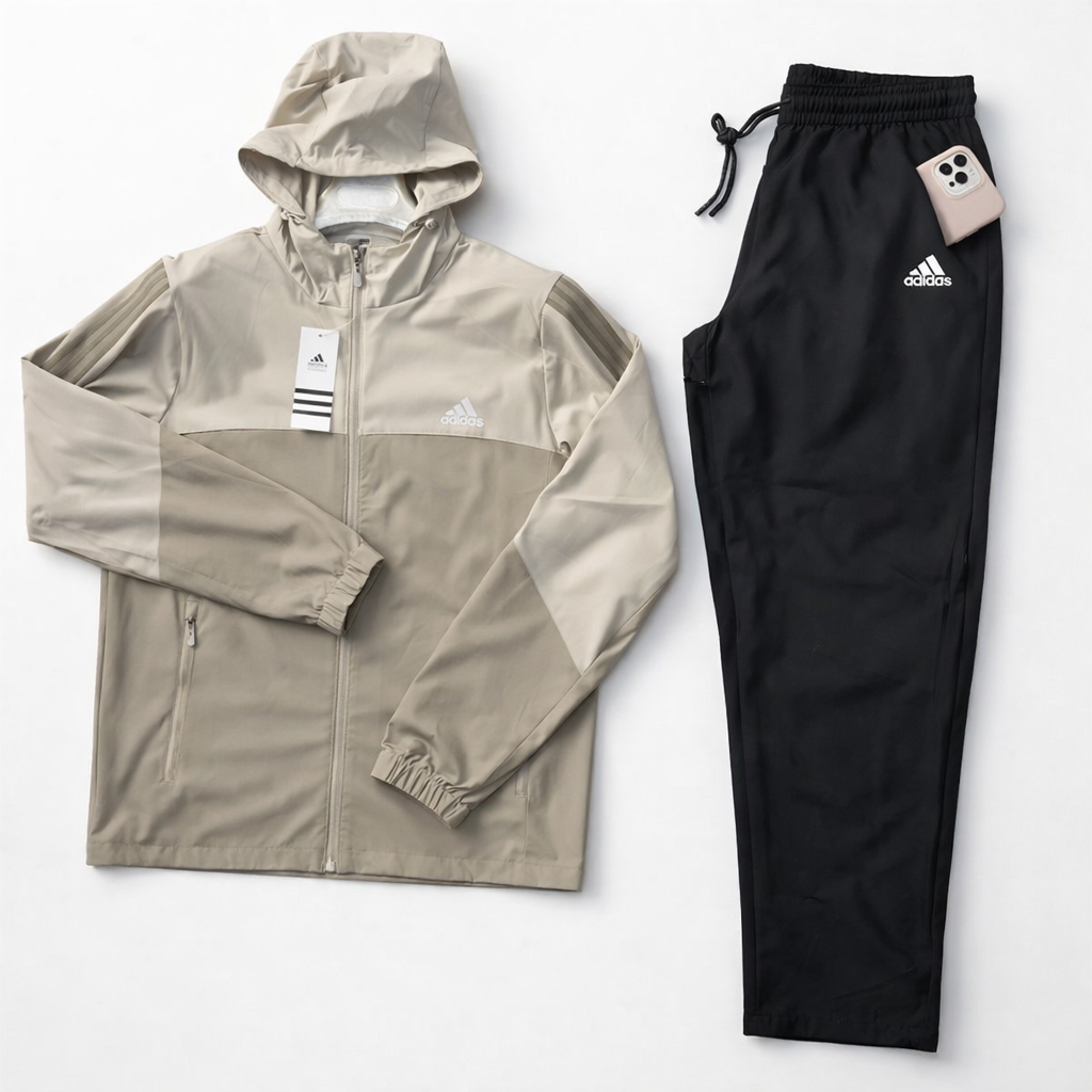 Ensemble survêtement Adidas homme beige & noir – veste capuche + pantalon sport