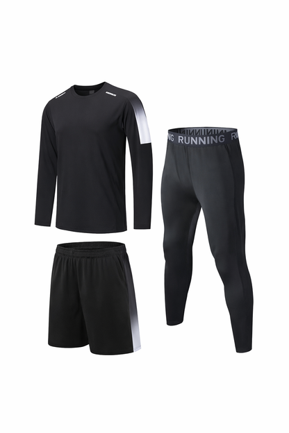 Ensemble Running 3 Pièces Homme – T-shirt Manches Longues + Short + Legging Sport Compression Noir