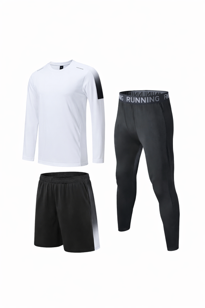 Ensemble Running 3 Pièces Homme – T-shirt Manches Longues + Short + Legging Sport Compression Noir
