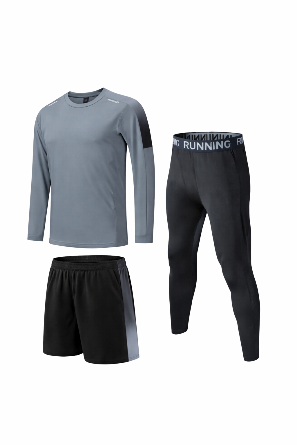 Ensemble Running 3 Pièces Homme – T-shirt Manches Longues + Short + Legging Sport Compression Noir