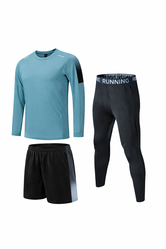 Ensemble Running 3 Pièces Homme – T-shirt Manches Longues + Short + Legging Sport Compression Noir