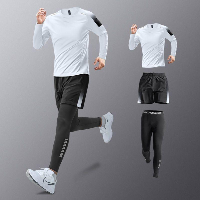 Ensemble Running 3 Pièces Homme – T-shirt Manches Longues + Short + Legging Sport Compression Noir