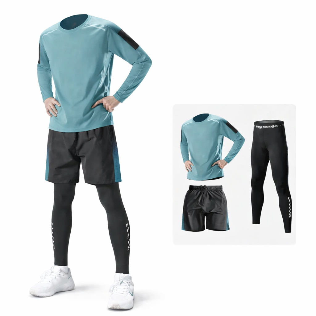 Ensemble Running 3 Pièces Homme – T-shirt Manches Longues + Short + Legging Sport Compression Noir