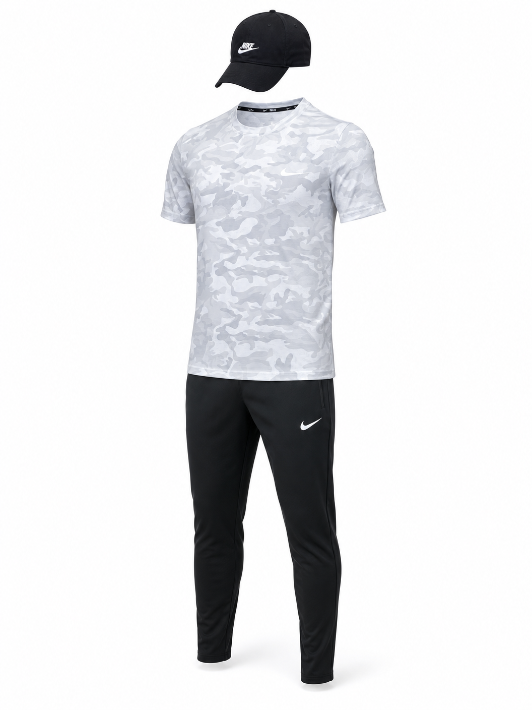 Ensemble Sport Nike Homme Camo Gris & Noir – T-shirt + Pantalon + Casquette Nike
