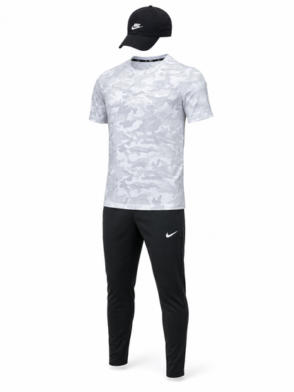 Ensemble Sport Nike Homme Camo Gris & Noir – T-shirt + Pantalon + Casquette Nike