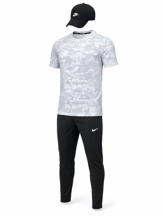 Ensemble Sport Nike Homme Camo Gris & Noir – T-shirt + Pantalon + Casquette Nike
