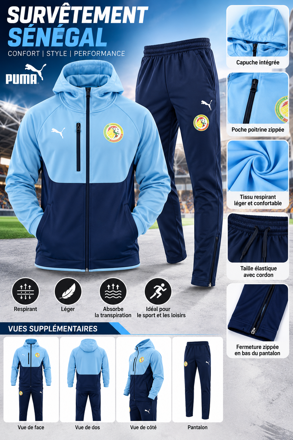 Ensemble Survêtement Sénégal Homme Bleu Ciel et Bleu Marine – Veste à Capuche et Pantalon de Sport