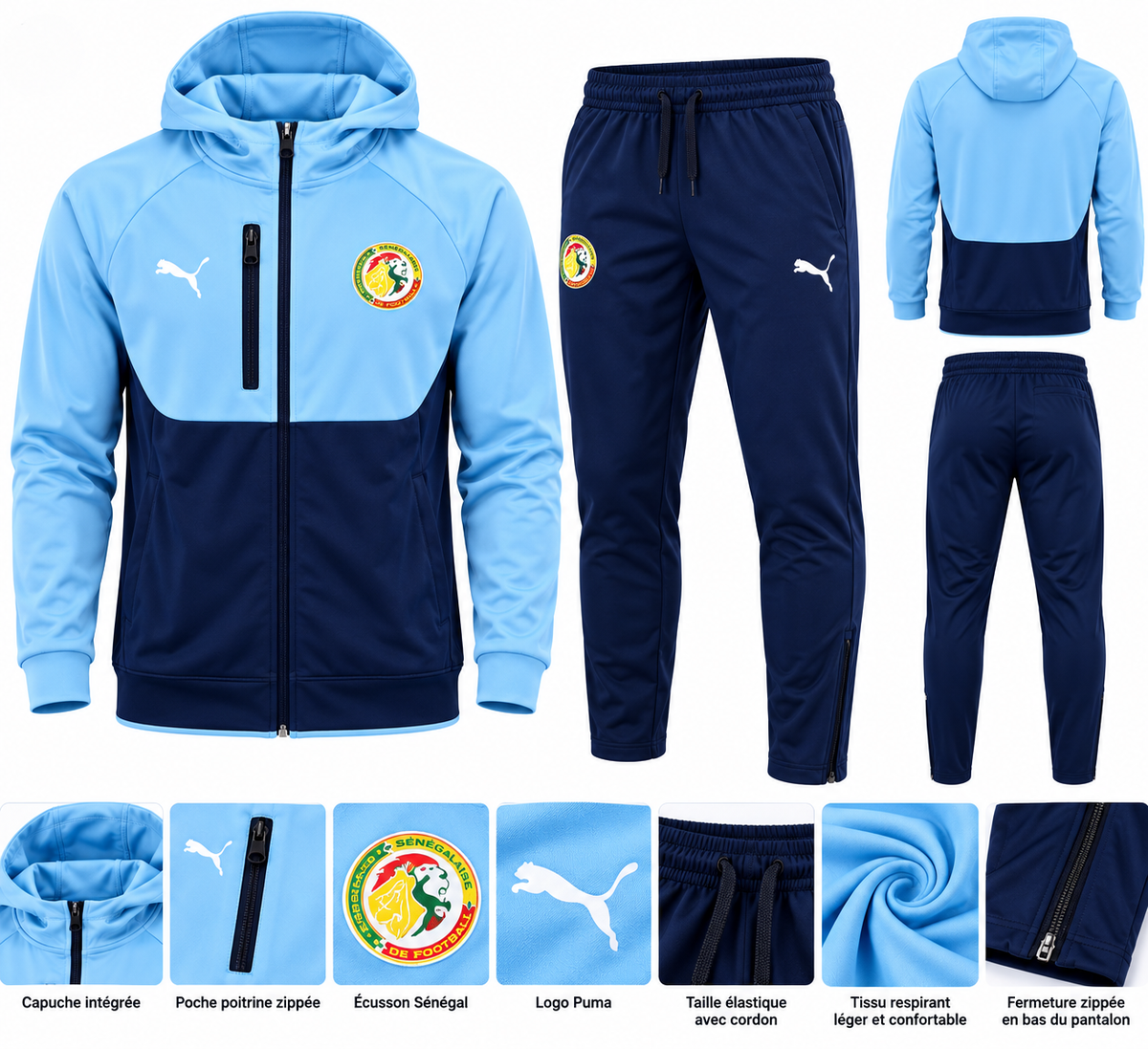 Ensemble Survêtement Sénégal Homme Bleu Ciel et Bleu Marine – Veste à Capuche et Pantalon de Sport