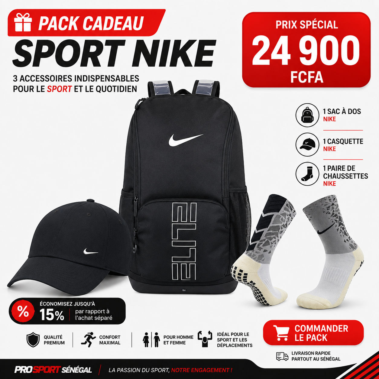 Pack Cadeau Sport Nike – Sac à dos, Casquette et Chaussettes | Pro Sport Sénégal