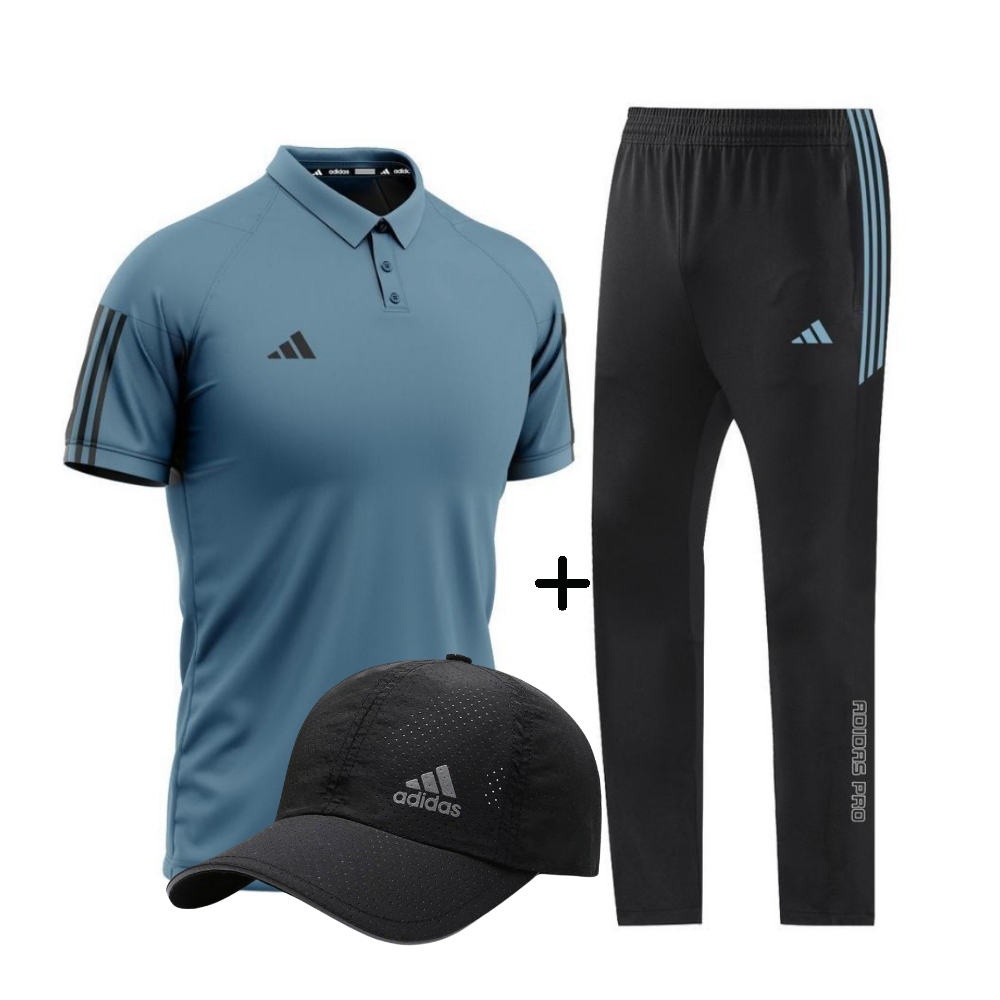 Ensemble Adidas Homme – Polo Beige, Pantalon Noir et Casquette