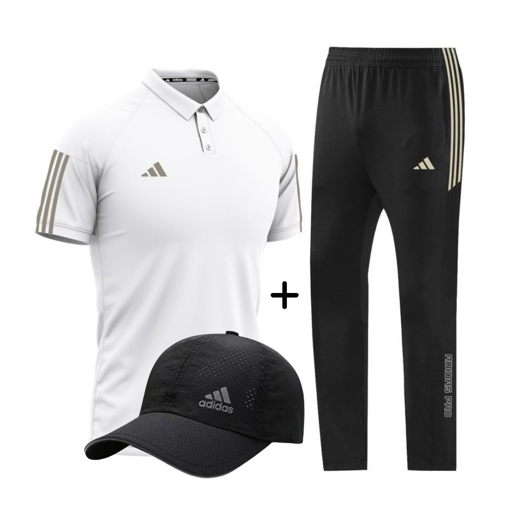 Ensemble Adidas Homme – Polo Beige, Pantalon Noir et Casquette