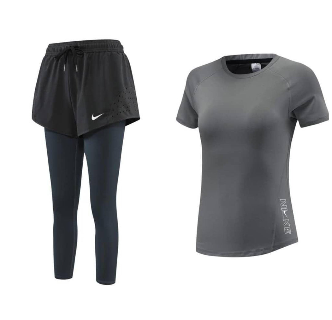Ensemble de sport femme Nike – Legging, short et t-shirt noir