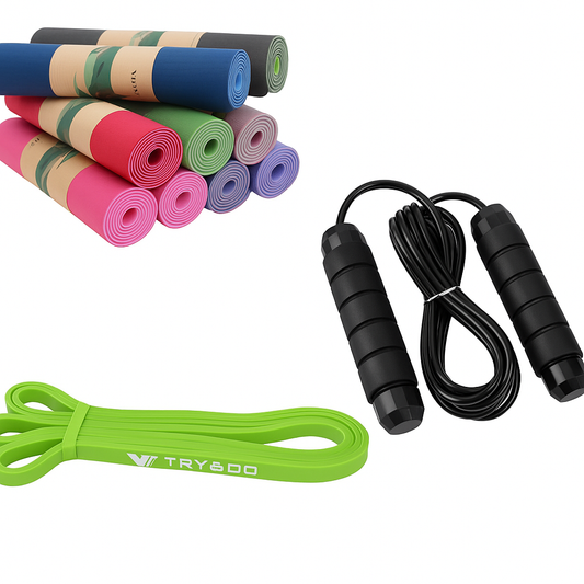Tapis Yoga + Corde Sauter + Élastique Fitness – Pack Sport Maison