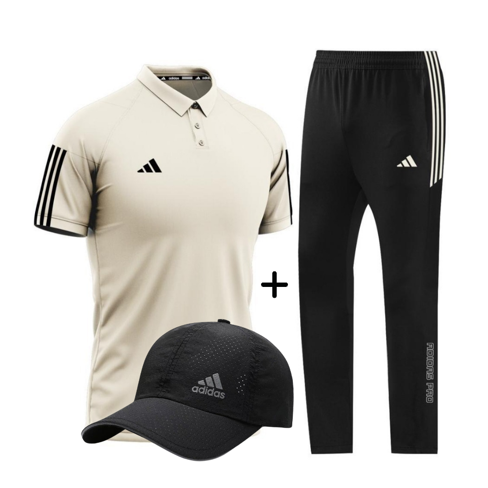 Ensemble Adidas Homme – Polo Beige, Pantalon Noir et Casquette