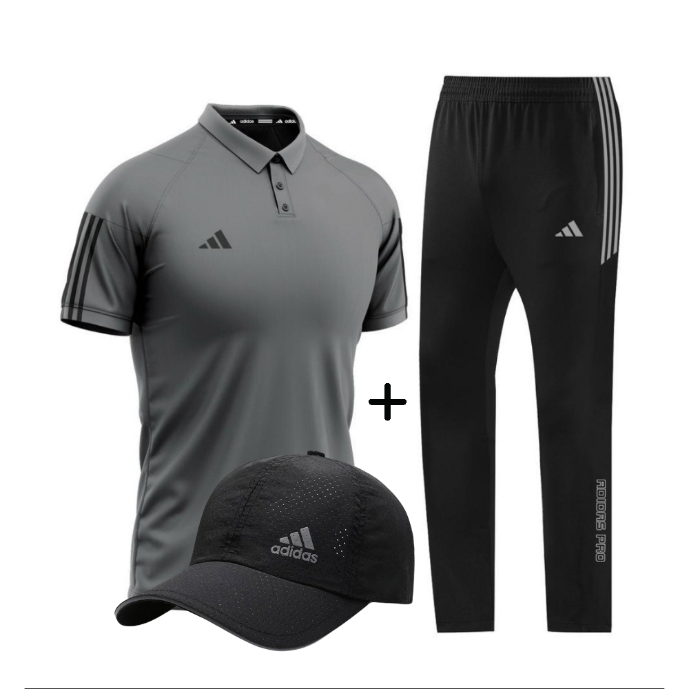 Ensemble Adidas Homme – Polo Beige, Pantalon Noir et Casquette