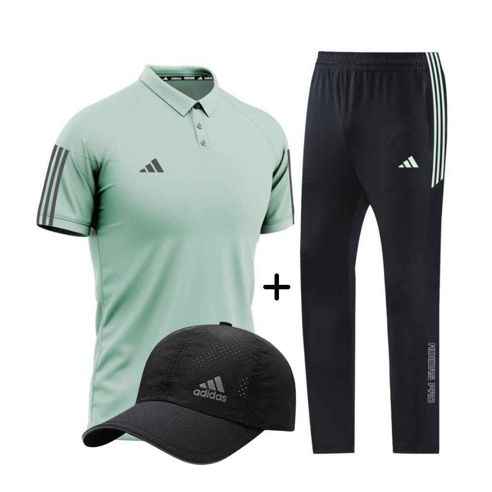 Ensemble Adidas Homme – Polo Beige, Pantalon Noir et Casquette